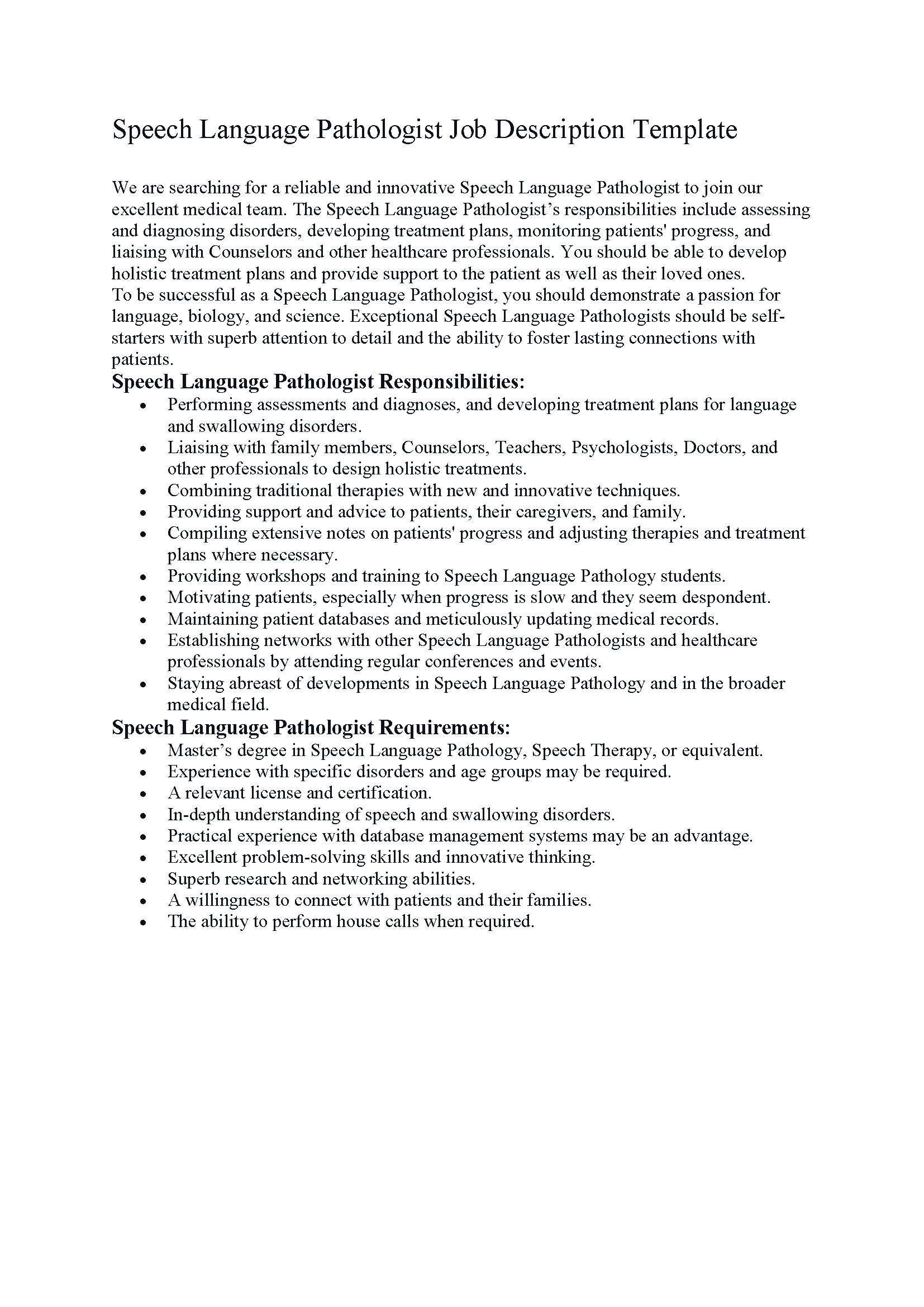 Speech Language Pathologist Job Description Template